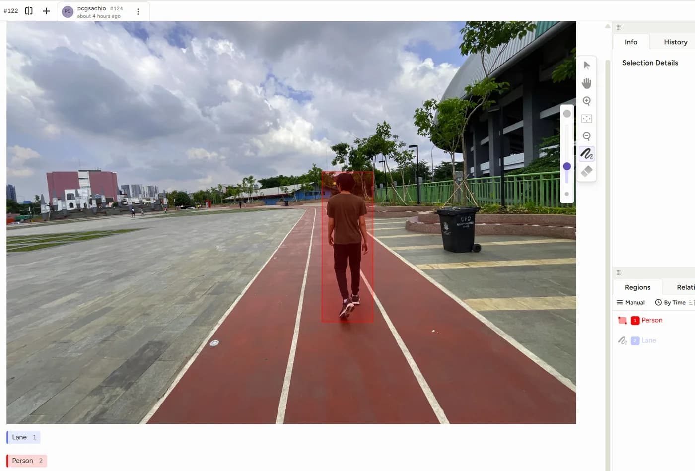 Bounding-box annotation of a person on the running track in Label Studio