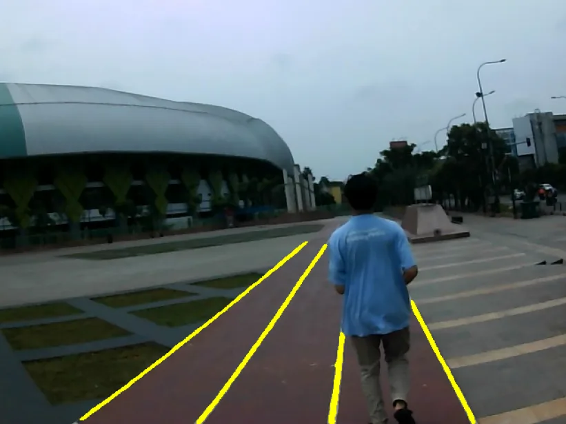 Lane lines detected by the segmentation model, drawn in yellow over the running track
